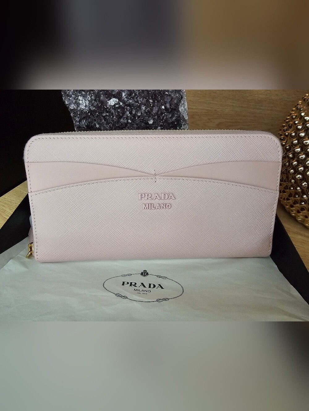 Prada Pale Pink Saffiano Zip Wallet with Gold Tone Hardware